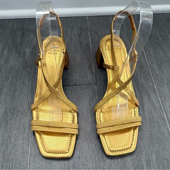 SEZANE PERNILLE SANDALS GOLD 37 6.5 Strappy Block Heel Square Toe Metallic Shoes - Picture 8 of 16